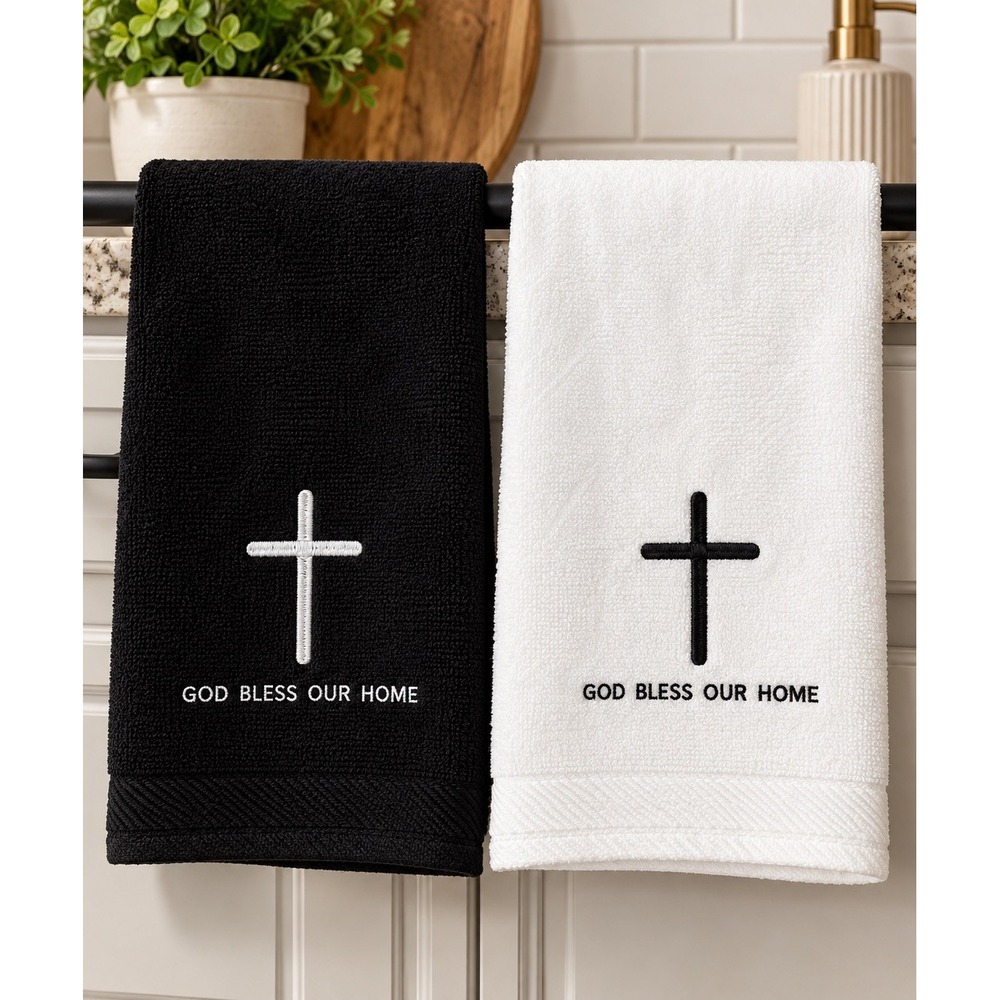 Kitchen Towels 2 Pack Black & White Christian Cross Religious Faith Gift Holiday - Picture 1 of 5